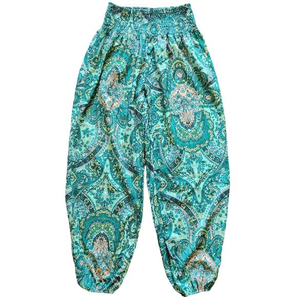 Gomorn Boho wide leg pants green paisley shirred waist size 6 - Picture 1 of 9